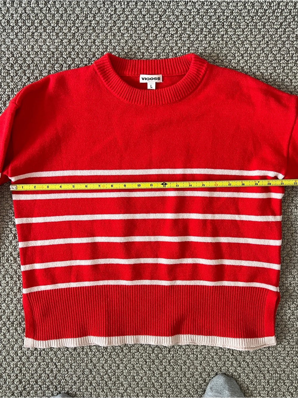 Red and White Striped Crewneck Sweater with Neck Ribbing size large - Picture 5 of 7